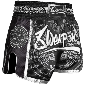 Short de Muay Thai 8 Weapons Carbon - Sak Yant Tigers - Noir