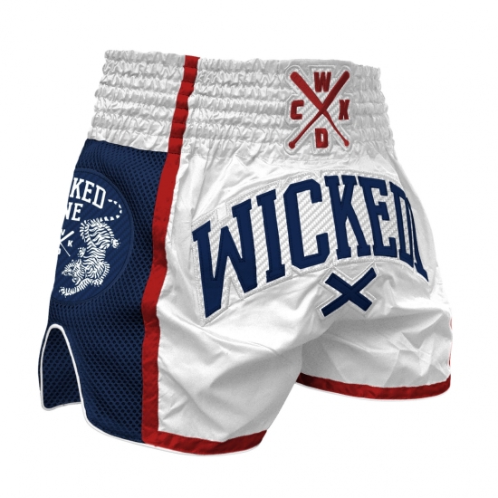  Short de Boxe Thaï Wicked One Cross  Blanc/Navy/Rouge